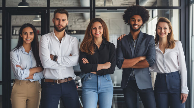 Young startup team stands in a row and smiles into the camera, looking for employees, introduction, commercial