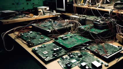 Circuit boards and tangled wires spread out on a workbench, hinting at the inner workings of digital infiltration.