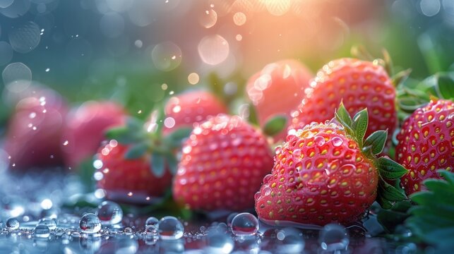 Macro image of strawberry water drops. Close-up.