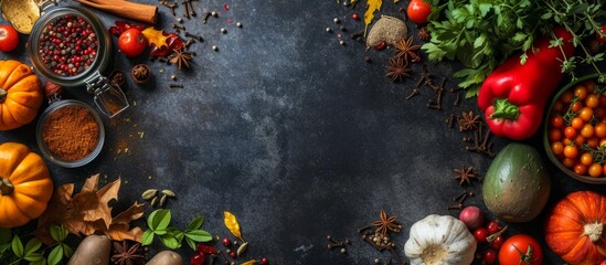 The table is adorned with a variety of vegetables and spices, surrounded by beautiful flowers and plants creating a vibrant and artistic landscape