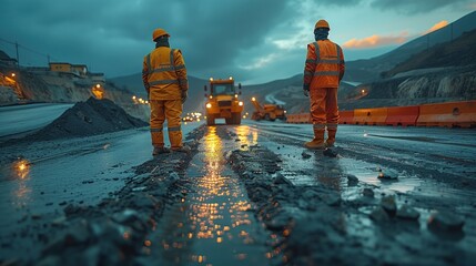 Workers construct asphalt roads and work on asphalt roads. construction site new asphalt road road construction worker and road construction machinery scenes.