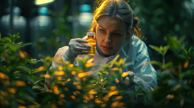A biologist wearing a protective suit holds a vial collecting plant samples. Close-up photo of background in forest nursery.
