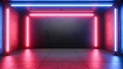 Obraz premium Neon corridor to the future: A pathway illuminated by blue and pink lights, leading into the depths of modern design and technology