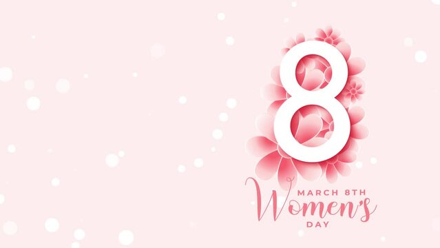 Happy Women's Day 8 March background, pink soft background with bokeh and light particles, flowers, and woman Silhouette, red flower petals, and congratulations gift card