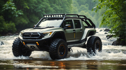 Modern off road vehicle driving trough river in the forest, auto adventure concept, automotive...