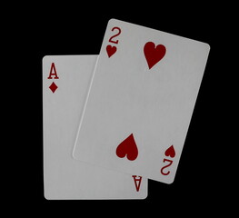 Ace diamond and deuce heart, Playing cards for poker and gambling, isolated on black background, clipping	