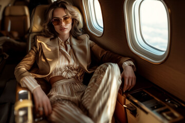 Elegant lady in a private jet. Businesswoman or rich woman  in airplane business class, wearing beautiful clothes.