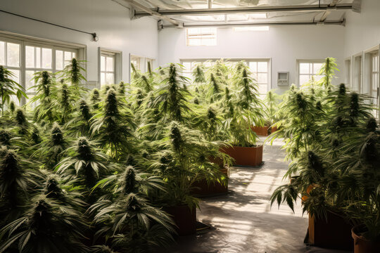 Cannabis marijuana science lab farming focused on increasing THC and CBD chemicals in cannabis flowers. Greenhouse ensures controlled environment for medical industry standards.