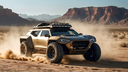 Modern off road vehicle driving trough desert and sand dunes, auto adventure concept, automotive...