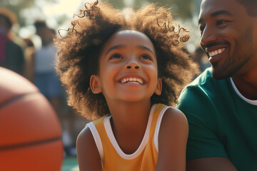 
smiling african american kid playing basketball with her mom and dad on the basketball court stock photo, in the style of uhd image, energetic - obrazy, fototapety, plakaty