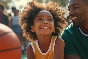 Fotobehang  smiling african american kid playing basketball with her mom and dad on the basketball court stock photo, in the style of uhd image, energetic © Ceric Jasmina