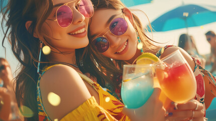 two female friends with sunglasses standing by the pool and drinking cocktails