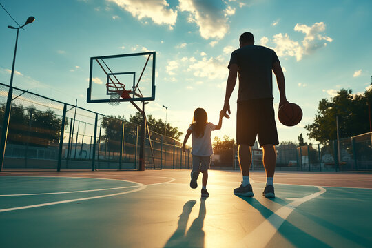 dad and daughter play basketball on the basketball court