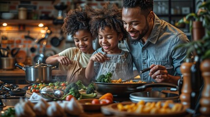 a family of three is cooking together in a kitchen. The father is stirring a pot on the stove, the mother is adding vegetables to a pan, and the daughter is sifting flour over a bowl. The kitchen is w