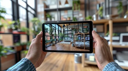 Using a tablet or smartphone, anyone can visualise how any space will look on their can visualise how any space in their home will look home will look like thanks to augmented reality - obrazy, fototapety, plakaty