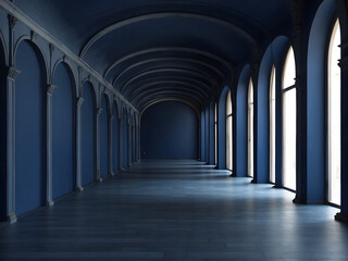 A dark blue hallway with arches and an empty room beyond it design.