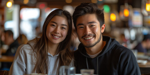 A smiling, romantic couple enjoys a cheerful and happy date in a cozy cafe.
