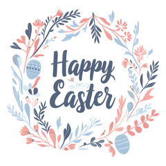 Happy Easter banner. Trendy Easter design with typography, cute painted strokes, eggs and bunny in pastel colors. Modern minimal style horizontal poster, greeting card, header for website