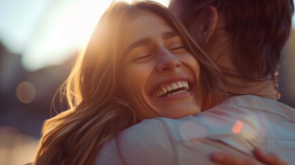 Fototapeta premium A woman with a beaming smile embraces a man warmly, illuminated by soft sunlight.
