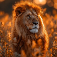 Fototapeta premium A majestic lion, captured in the golden light of the savannah, its mane flowing as it surveys the vast landscape 