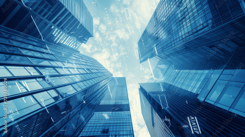 Aufkleber skyscrapers with superimposed graphs and numerical data, illustrating a concept of the business dist