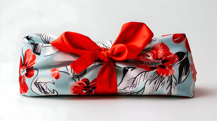 A meticulously wrapped Easter present featuring a charming red bow, set against a clean white background, evoking feelings of joy and anticipation