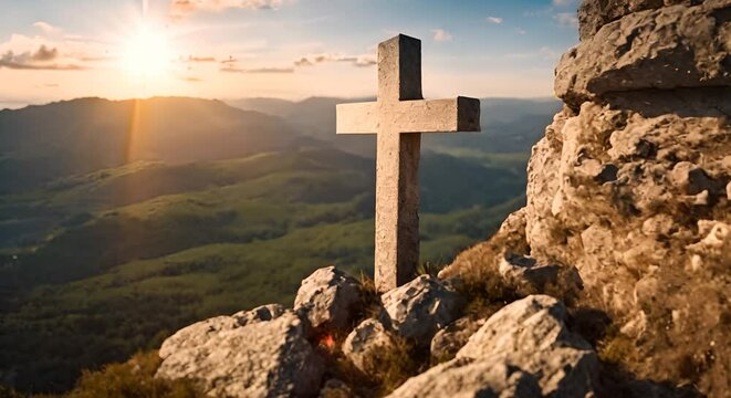 croce cristiana di pietra con sole che sorge sulla montagna , concetto di resurrezione, pasqua