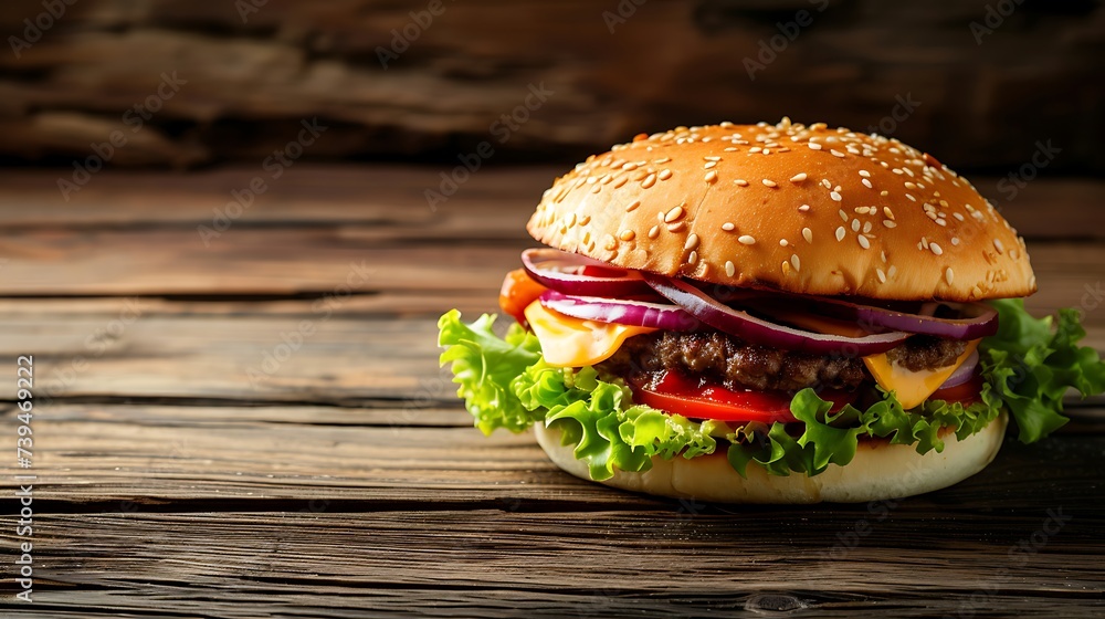 Wall mural Hamburger on Wooden Cutting Board. Generative AI.