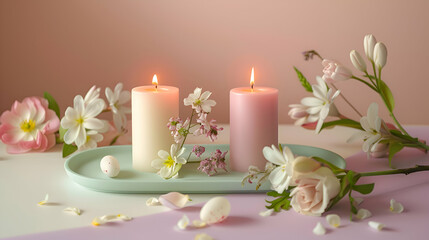 Fototapeta na wymiar A pair of elegant Easter candles arranged on a pastel-colored tray, surrounded by spring flowers, with space above them for adding a message