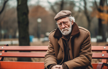 Sad old man sitting on a park bench