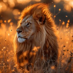 Fototapeta premium A majestic lion, captured in the golden light of the savannah, its mane flowing as it surveys the vast landscape 