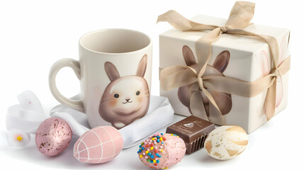 A set of matching Easter-themed couple mugs featuring adorable bunny designs, displayed alongside a gift-wrapped box of chocolates, against a clean white background