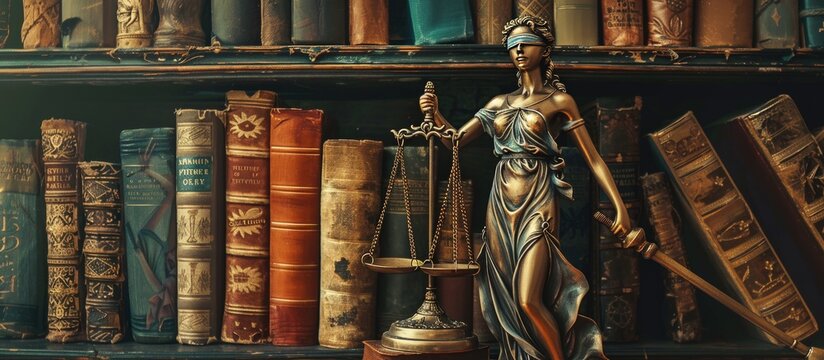 Illustration Themis Statue of Justice Scales Law Business on row book background. AI generated image