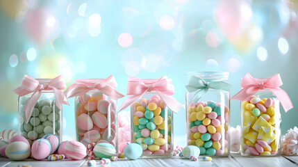A set of pastel-colored Easter jars filled with candies and tied with ribbons, arranged neatly on a table with room beside them for personalized text