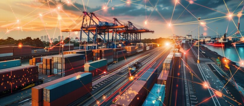 Container Logistics of international cargo shipping with network connection trade. AI generated image