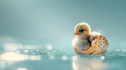 The simple beauty of a newly hatched chick, its shell adorned with speckles, emerging into a world of light blue with plenty of room for customization - obrazy, fototapety, plakaty
