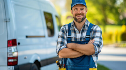 smiling man with a beard, wearing a blue cap, a plaid shirt, and a blue overall with a tool belt, standing confidently with his arms crossed in front of a white van.