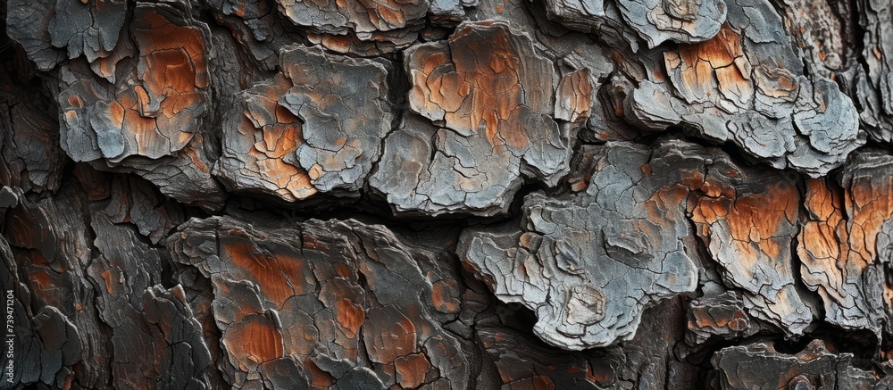 Poster a detailed view of the bedrocklike bark on a tree trunk showing intricate patterns resembling a faul