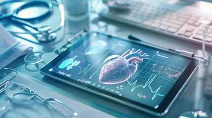 A tablet displaying a 3D holographic image of a human heart with associated health metrics, placed on a desk next to a stethoscope, symbolizing advanced medical technology and cardiology diagnostics.