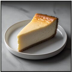 A minimalist composition of a perfectly sliced cheesecake on a white plate, focusing on the simplicity and elegance of a classic dessert presentation