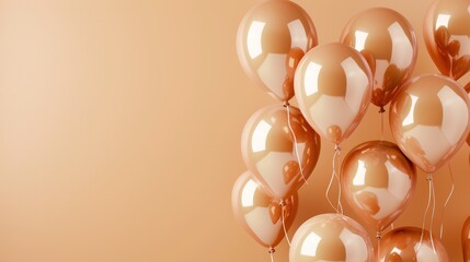 Caramel colored glowing balloons on cappuccino colored background with copy space. Birthday, party, event, celebration concept.