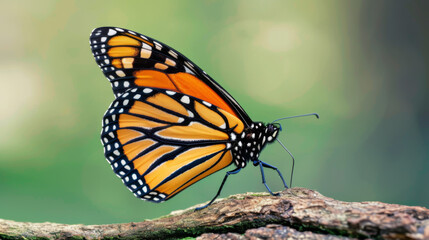 Fototapeta na wymiar A Monarch butterfly with intricately patterned orange and black wings resting on a textured, brown surface against a blurred green background.
