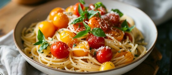 Delicious bowl of pasta with fresh tomatoes and fragrant parmesan cheese on a rustic wooden table