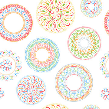 Circular patterns. Bright seamless rattern. Design of fabric, wallpaper, wrapping paper. Vector