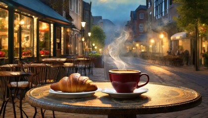 cup of coffee on a table. A quaint North American streetside cafe scene, featuring a small round table with a steaming  - obrazy, fototapety, plakaty