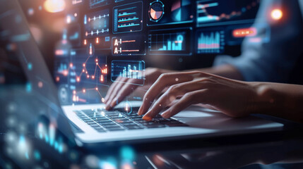 person's hands are seen typing on a laptop keyboard, with futuristic digital graphics of charts, graphs, and data analytics floating above the computer screen.
