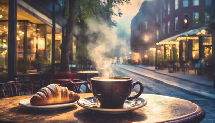 cup of coffee on a table. A quaint North American streetside cafe scene, featuring a small round table with a steaming  - obrazy, fototapety, plakaty