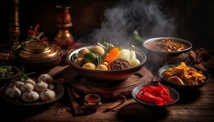 traditional Chinese Asian food served on a wooden table. A rustic wooden table adorned with an array of steaming, plump vegetarian dishes - obrazy, fototapety, plakaty