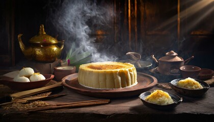 traditional Chinese Asian food served on a wooden table. A rustic wooden table with a steaming, plump Turnip Cake (Law Bok Gow), with a golden-brown - obrazy, fototapety, plakaty