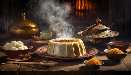 traditional Chinese Asian food served on a wooden table. A rustic wooden table with a steaming, plump Turnip Cake (Law Bok Gow), with a golden-brown - obrazy, fototapety, plakaty